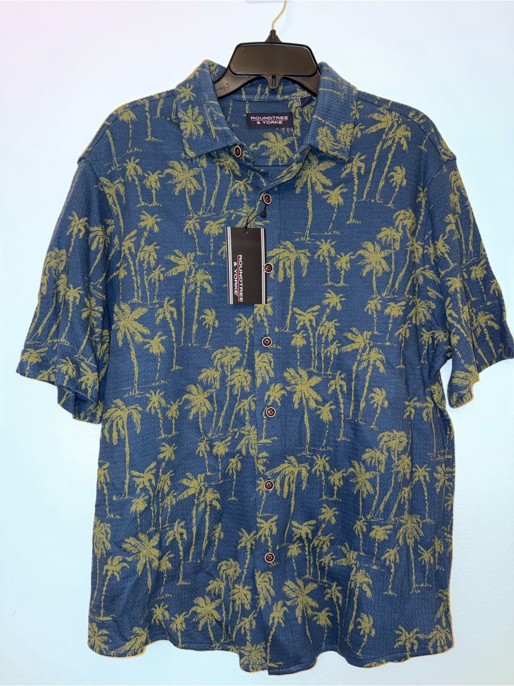 NWT Roundtree & Yorke Mens Large Blue Palm Tree Short Sleeve Button Up Shirt